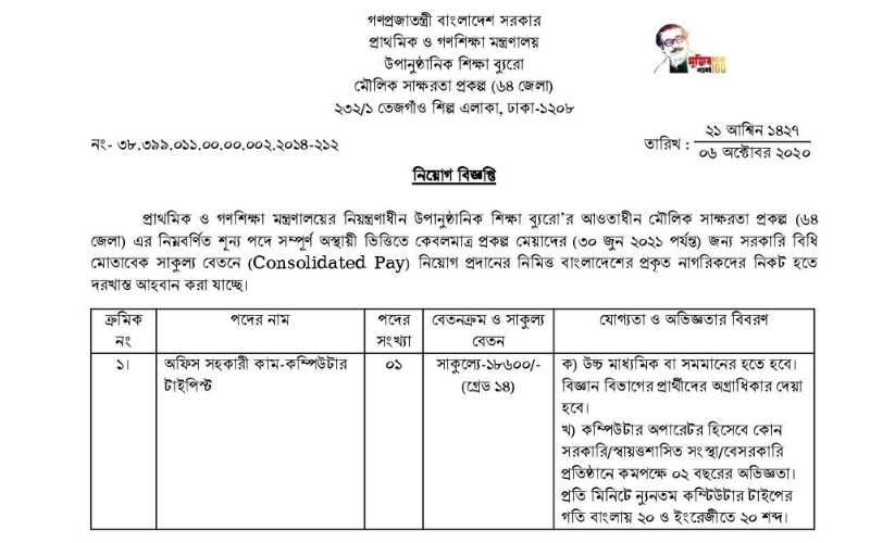 Primary Literacy Project (644 districts) Job Circular 2020