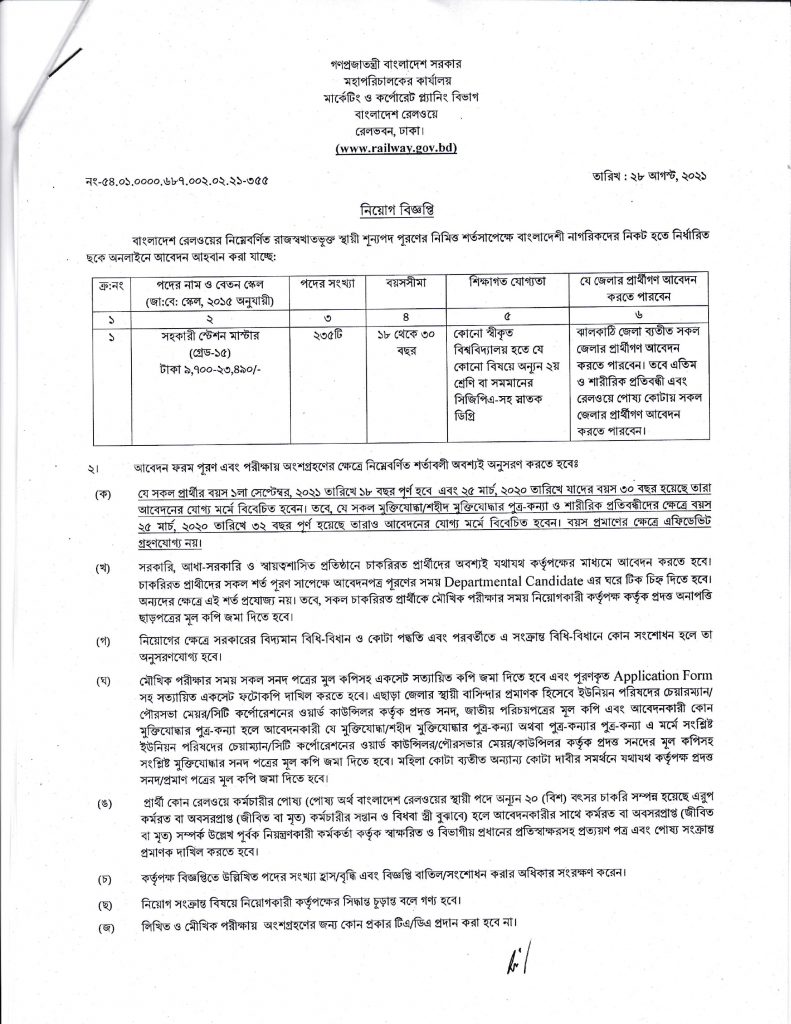 Bangladesh Railway job circular 2021, বাংলাদেশ রেলওয়ে জব সার্কুলার ২০২১