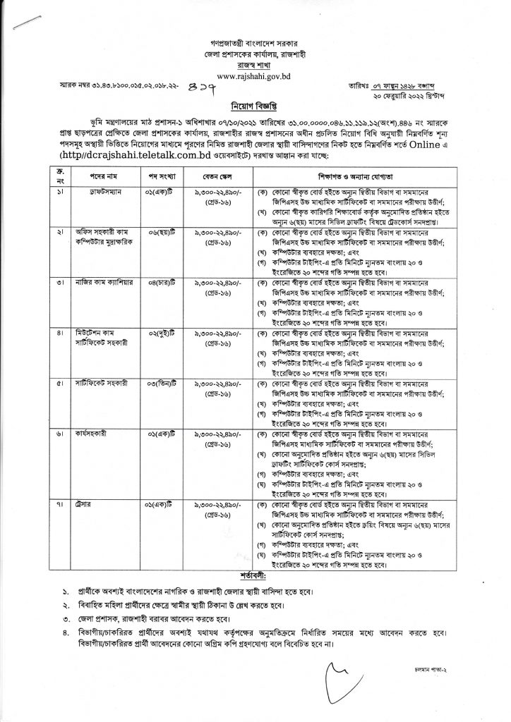 Rajshahi DC Office Job Circular 2022  রাজশাহী জেলা প্রশাসকের কার্যালয় নিয়োগ বিজ্ঞপ্তি ২০২২, - 1