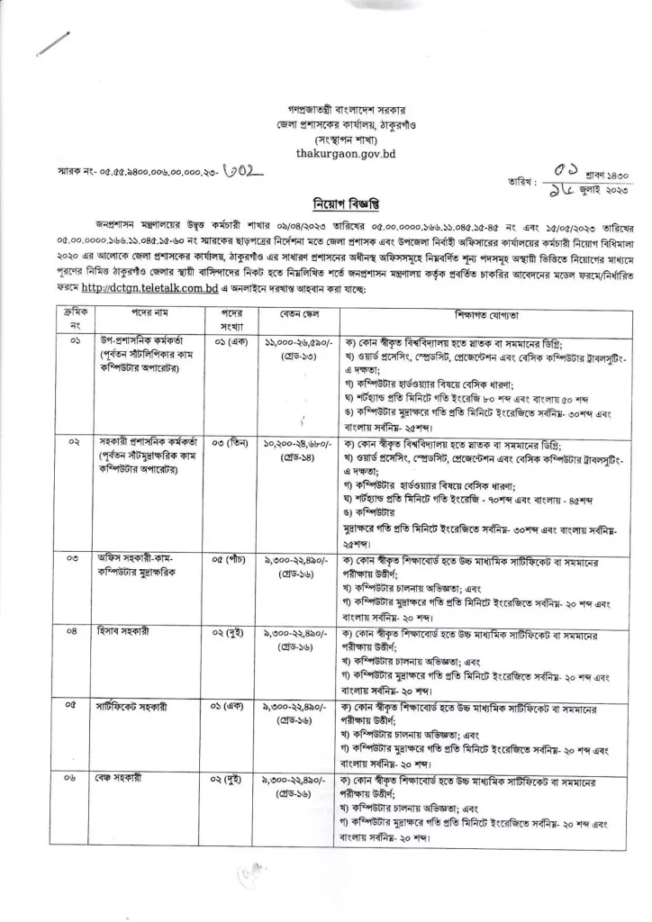 Thakurgaon DC Office Job Circular 2023