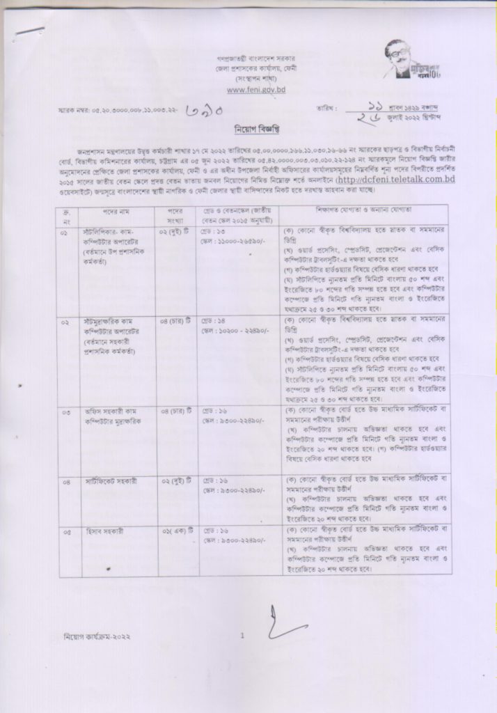 Feni DC Office Job Circular 2022 - ফেনী জেলা প্রশাসকের কার্যালয় নিয়োগ বিজ্ঞপ্তি ২০২২ -1