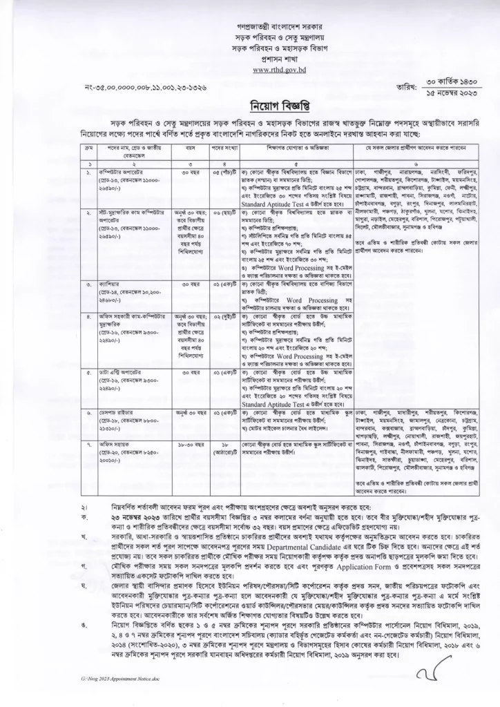 RTHD Job Circular 2023 - Road Transport And Highways Division Job circular 2023-1